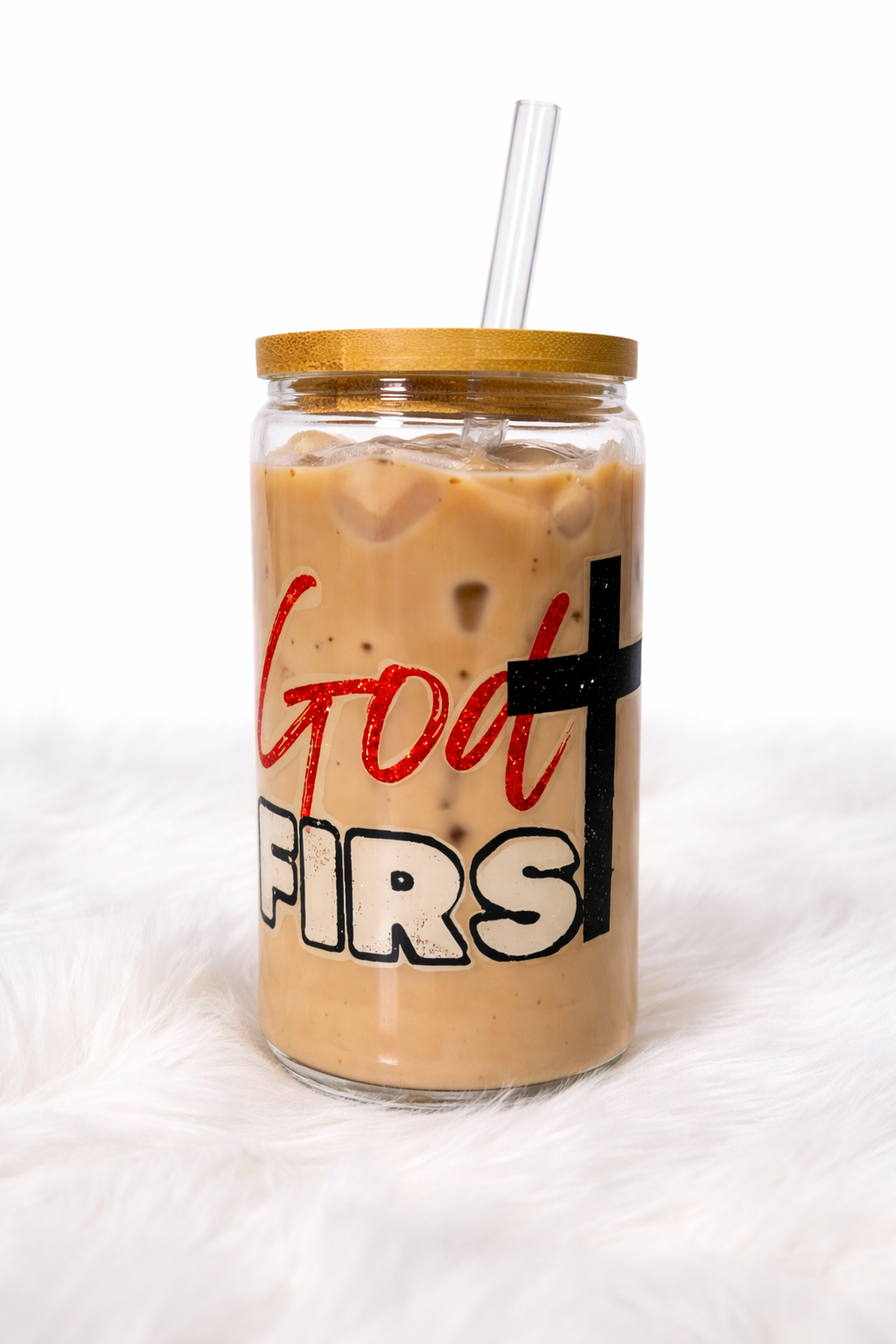 God FIRS 16 oz Glass Cup with Bamboo Lid & Straw